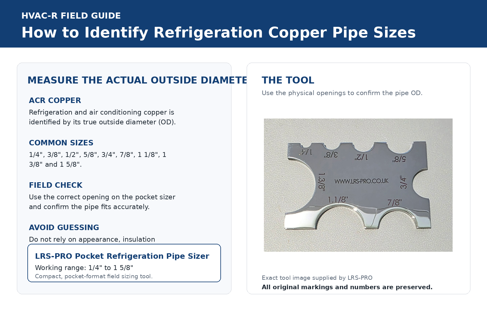 LRS-PRO Pocket Refrigeration Pipe Sizer product display showing the exact tool and its original size markings